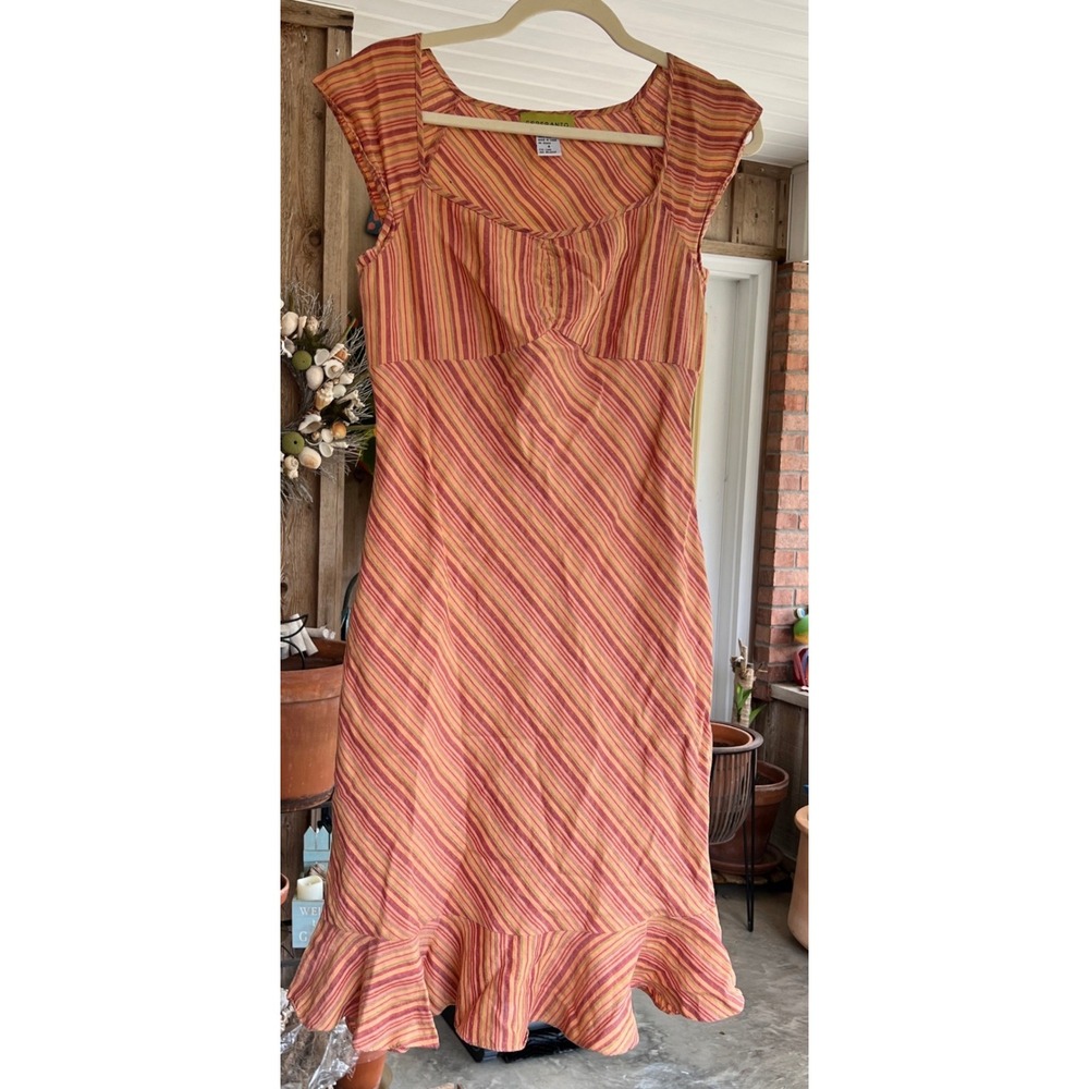 Esperanto Orange Pink Striped 100% Silk Ruffle Hem Midi Dress Women US‎ Size 4